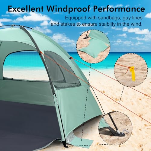 WhiteFang Beach Tent Anti-UV Portable Sun Shade Shelter for 3/4/6/8 Person, Extendable Floor with 3 Ventilating Mesh Windows Plus Carrying Bag, Stakes and Guy Lines - color: Mint Green, size: 3 Person