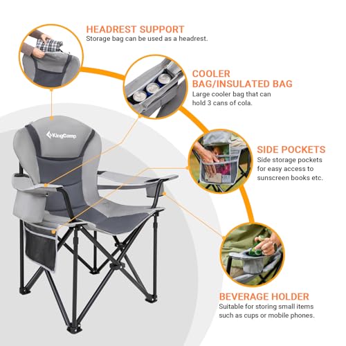 KingCamp Oversized Camping Folding Chair with Lumbar Support, Heavy Duty Ergonomic Padded Arm Chair with Cooler Bag, Cup Holder, Portable for Outdoor - color: High Back-grey-1 Pack