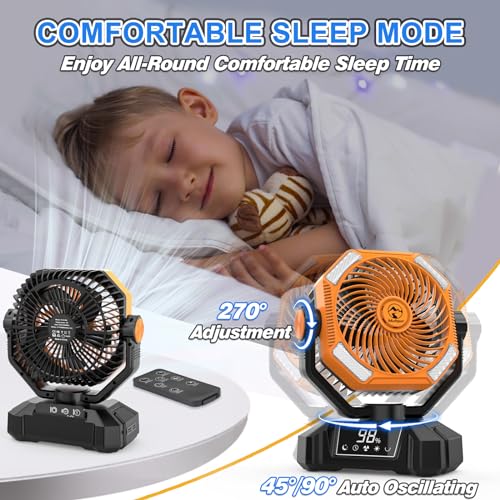 Multper 20000mAh Camping Fan, Up to 65H Long Runtime Battery Powered Fan with 5 Speeds, Oscillating Rechargeable Portable Fan with LED Lantern & Remote, Personal Tent Fan for Jobsite, Fishing, RV - size: 20000mah