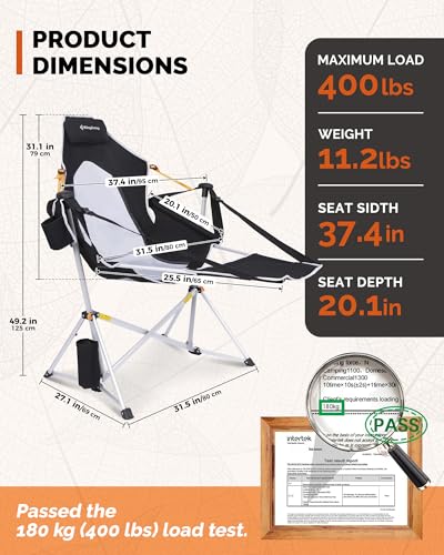 KingCamp Hammock Chair with Footrest – Heavy Duty Swinging Rocking Camping Chairs for Adults up to 400lbs, Folding Portable Oversized Rocker with Cup Holder & Pillow for Outdoor Beach Lawn RV Sports - color: Footrest Deluxe Black/Mesh