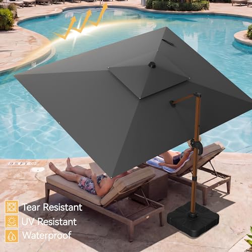 10x13 FT Wood Pattern Patio Umbrella, Large Deluxe Cantilever Rectangular Double Top Heavy Duty Offset Umbrellas with 360° Rotation, Outdoor shade for Garden Deck Pool Patio, Grey - color: Gray, size: 10x13 Ft Wood