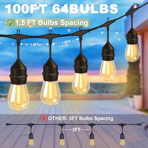 100FT Outdoor String Lights with 64+4 Bulbs (1.5FT Bulbs Spacing), Remote & Dimmer, Commercial Patio String Lights with 3 Mode Light & Timing, IP65 Waterproof, 100PC Mounting Ties for Outside - size: 100ft With Remote (1.5ft Bulbs Spacing)