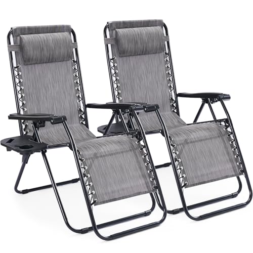 Sweetcrispy Zero Gravity Chairs, Set of 2 Portable Recliner Beach Camping Patio Outdoor Folding Lounge Chair with Cup Holder Trays and Adjustable Pillow for Poolside, Garden, Backyard, Lawn (Grey) - color: Grey