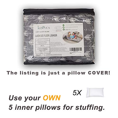 ICOPUCA Floor Lounger Pillow casing for boy Girl, Soft Minky Plush, Arrow Print, Cover/Sleeve Only! Perfect Reading and Watching TV Cushion - Excellent for Sleepovers, Queen Size; - color: Grey, size: Queen (Pack of 1)