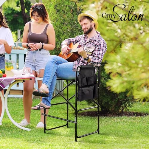 mefeir 31" Extra Tall Director Chair w/Side Table, Heavy-Duty Steel Frame Portable Folding Bar Stool w/Storage Pockets, for Makeup Artist, Salon, Studio, Camping, 300 lbs Capacity (Green) - color: Black/Olive Green, size: 31in