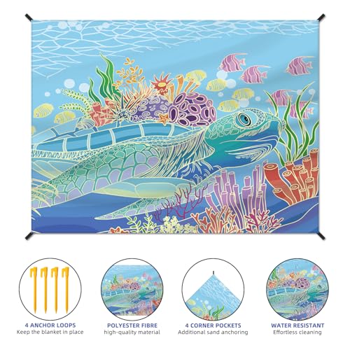 DPWCVM Beach Blanket Waterproof Sandproof Large Beach Mat 83" X 106" for 3-5 Adults Sand Free Mat Quick Drying,Lightweight & Durable with 4 Stakes & 4 Corner Pockets for Beach Camping - color: Sea Turtle, size: 83" X 106"
