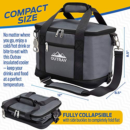 Collapsible Insulated Cooler Bag – 6L Thermal Lunch Bag with Bottle Opener, 16 Can Capacity – Perfect For Camping, Picnics and Travel - Handles and Removable Shoulder Strap - By Outrav - color: Grey with Black Trim