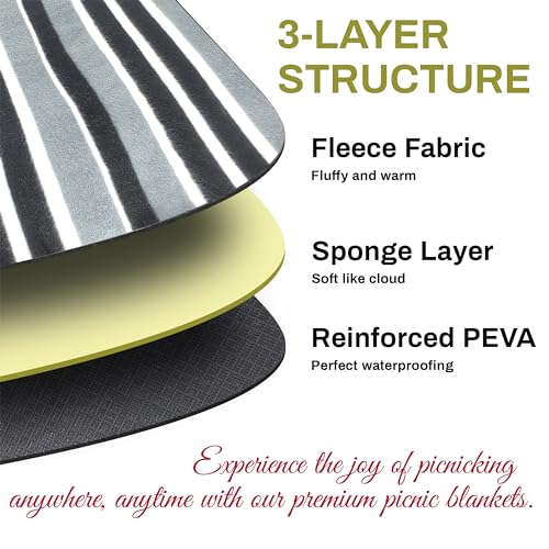 PortableAnd Extra Large Picnic & Outdoor Blanket 3 Layers for Water-Resistant Handy Mat Tote Spring Summer Black and White Striped Great for The Beach,Camping on Grass Waterproof Sandproof - color: Black & White Stripe