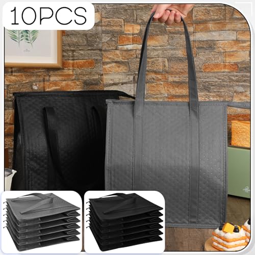 10 Pack Large Insulated Grocery Bags Reusable Shopping Bags with Zippered Top 13 x 12 x 7 Inch Thermal Cooler Totes Bulk with Handles for Hot Cold Food Delivery Refrigerator (Grey,Black) - color: Grey,Black