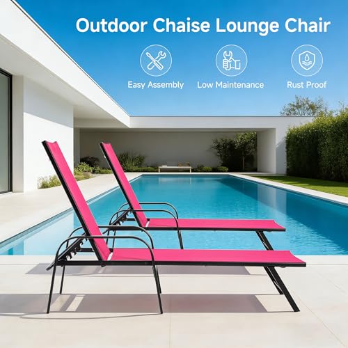 DUMOS Outdoor Lounge Chaise, 5-Position Chaise Lounge with Armrests, Sun Tanning Chair 350 lbs Heavy Duty Patio Pool Chair, Waterproof Sun Lounger for Deck, Backyard, Beach & Poolside, Pink - color: Light Pink