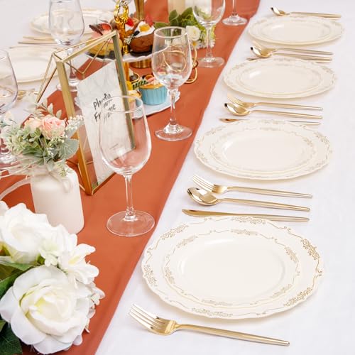 U-QE 100 PCS Ivory Plastic Plates with Gold Rim - Gold Plastic Plates for Party - Heavy Duty Plastic Plates Disposable Use Including 50 Dinner Plates 10 '' & 50 Dessert Plates 7.5 '' - color: Ivory Gold