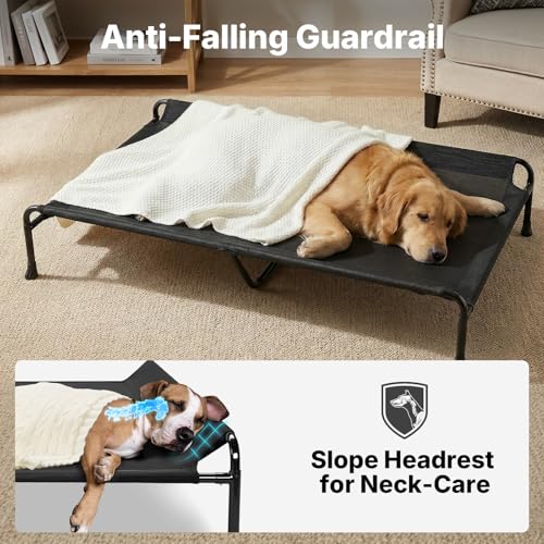 Veehoo Outdoor Dog Bed, 53" XXL Raised Dog Bed, Elevated Dog Bed with Headrest Sides, Washable Cooling Dog Cot with Non-Skid Feet, Breathable Mesh, Portable Pet Hammock for Indoor or Camping, Black - color: Black, size: 53.0"l X 33.0"w X 11.0"th