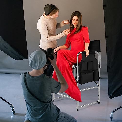 mefeir 26" Tall Folding Directors Chair with Side Table,Portable Makeup Artist Bar Height, Steel Frame 300 lbs Capacity, 19.2" D x 23.6" W x 40.5" H,Black - color: Black, size: 26in