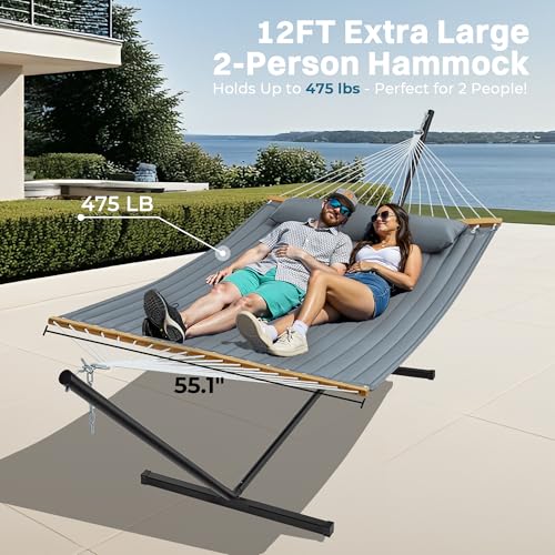 SUPERJARE Hammock with Stand, 2 Person Quilted Outdoor Hammock, Detachable Pillow & Bamboo Spreaders, Portable Hammock with Carrying Bag, Heavy Duty Stand, Perfect for Outside, Patio, Neutral Gray - color: Neutral Gray, size: 55.1"W × 74.8''D × 43.3''H