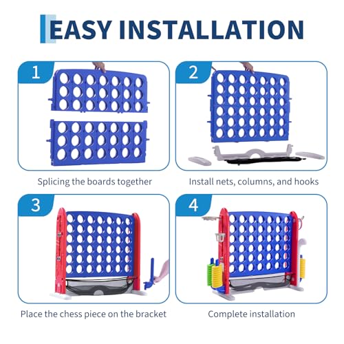 Jumbo 4 in a Row Game, Height Adjustable(2.7-3.2 ft) Outdoor Connect 4 w/Quick Release, Giant Connect Four with Basketball Hoop, Ring Toss & Net, Backyard Party Game for Adults Kids