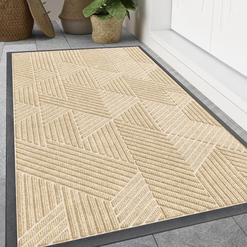 Smiry Front Door Mat Outside Entrance, Heavy Duty Sturdy Natural Rubber Doormat, Trap Dirt and Moisture, Easy Clean Low Profile Mats for Indoor Outdoor Entry, Irregular Triangle (47x32, Beige) - color: Beige, size: 47" X 32"