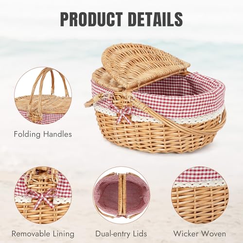 HappyPicnic Wicker Picnic Basket with Lid and Handle - Hand-Woven Basket with Removable Liner for Picnic, Camping, Easter, Halloween, Thanks Giving or Birthday (Red Check, Large) - color: Red Check, size: Large