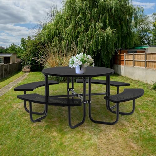 46-inch Black Round Outdoor Picnic Table with Umbrella Hole - Heavy Duty Coated Steel Metal Patio Dining Set for Garden, Courtyard, BBQ & Commercial Use - color: Black-round