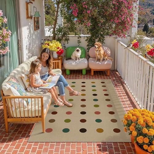 HUGEAR 4x6 Jute Outdoor Indoor Rug Washable Geometric Linen Textured Weave High Traffic Stain Resistant Non Slip Durable Carpet for Livingroom Patio Deck Balcony Courtyard (Rainbow, 4' x 6') - color: Rainbow Polka Dots, size: 4'x6' (Rectangular)