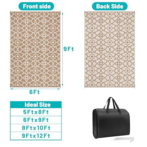 HEBE Outdoor Rug Waterproof 6x9, Plastic Straw Rug Camping Rug, Reversible Outdoor Patio Rugs RV Mat Clearance, Indoor Outside Floor Carpet for Porch,Deck,Camper,Balcony,Backyard - color: Beige, size: 6' x 9' (Rectangular)