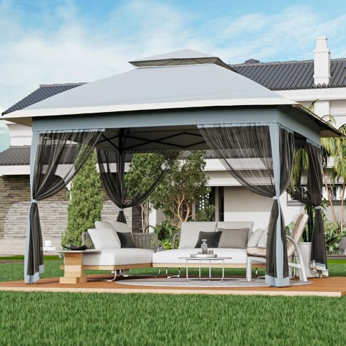 13X13 Pop Up Gazebo,Outdoor Canopy Tent with Mosquito Netting, Double Vented Roof Sun Shelter with Adjustable Heights,Outdoor Gazebo for Backyard & Patio Furniture.（Grey） - color: Gray