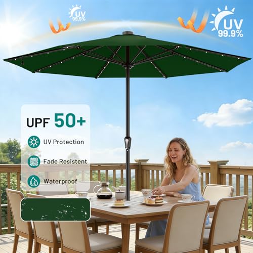 AreShark 11FT Large Patio Umbrella with Solar Lights, Lighted Solar Umbrella with Crank, Outdoor Table Market Umbrellas for Garden, Deck, Backyard, Pool and Beach, Dark Green - color: Dark Green, size: 11 Ft