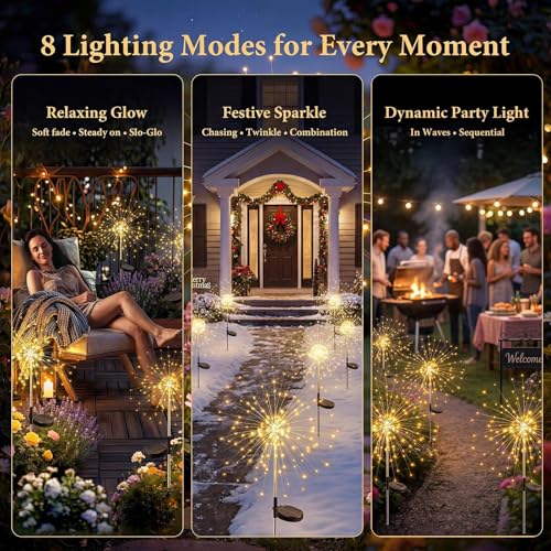 Solar Firework Lights Outdoor 4 Pack, 120LED Solar Starburst Garden Lights with 8 Modes, Waterproof Decorative Sparkle Light for Backyard, Garden, Patio & Lawn Landscape - Gifts for Women Mom - size: 4 Pack