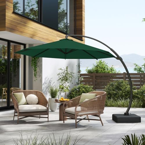 11FT Cantilever Umbrella with Base Large Curvy Outdoor Aluminum Offset Umbrella w/ 360° Rotation, UV Resistant Canopy for Patio, Garden, Backyard, Forest Green - color: Forest Green, size: 11FT