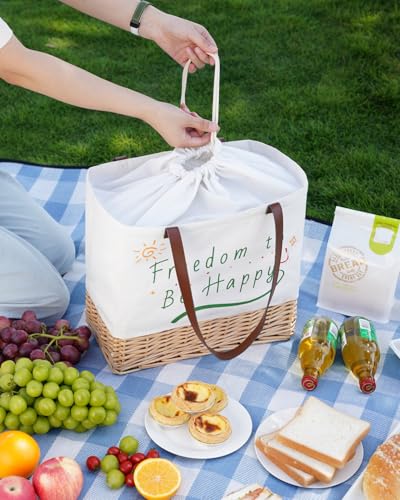 Insulated Picnic Basket Wicker Picnic Basket with 23.7L Canvas and Willow Folding Collapsible Shopping Baskets with Drawstring Closure, Insulated Waterproof Lining for Camping,Wedding Gifts - size: Rectangle With Insulated Lining