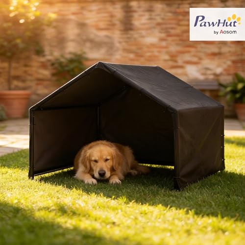 PawHut Dog Shade Shelter Outdoor, Dog House Outside with Waterproof & UV-Resistant Canopy, Pet Tent for Small Medium Large Breeds, Pet House for Small Animals with Ground Nails, 49" x 43" x 37"