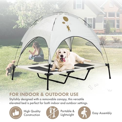 GrandTies Cooling Elevated Dog Bed with Canopy – XL Portable Pet Cot for Outdoor & Indoor Use – Waterproof Removable Shade, Breathable Mesh, Slip-Resistant Feet, Easy Assembly – Ivory White - color: Ivory White