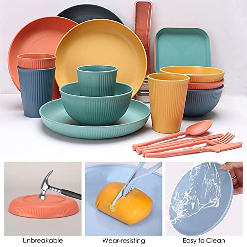 48 Pcs Dinnerware Sets, Unbreakable Plates and Bowls Sets, Reusable Dinnerware Sets for 4 People, Travel Camping Picnic Home Party Cutlery Set, Dishwasher Microwave Safe Dishes - color: Colorful, style: 48PCS