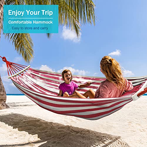 MOSFiATA Hammocks Portable Camping Hammock Upgraded 550lb Thickened Fabric Single Hammocks with Two Anti Roll Balance Beam and Tree Straps for Camping, Patio, Backyard, Outdoor(Red White) - color: Red White