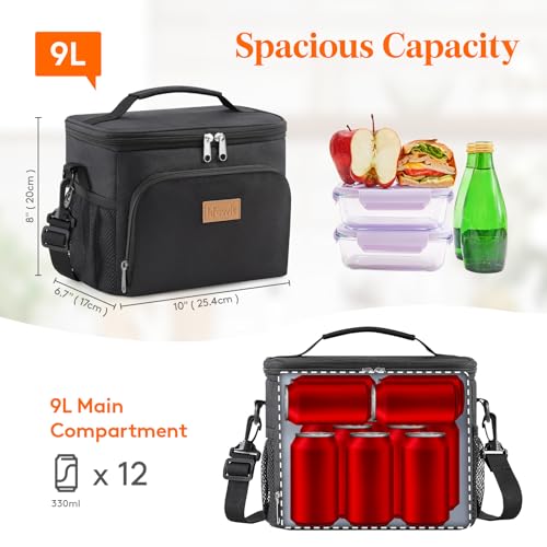 Lifewit Reusable Insulated Lunch Bag, Portable Cooler Freezable Soft Lunchbox Leakproof with Adjustable Shoulder Strap for Men Women Adult for Work Picnic or Travel, 9L 12 Can, Black - color: Black, size: Medium(9L)