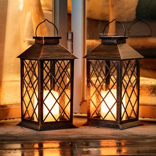 Homemory Solar Lanterns Outdoor Waterproof Hanging with Flickering Flameless Candles, 2 Pack 13'' Garden Outdoor Lantern Decorative for Patio Front Porch Backyard Balcony Cabin Outside(Antique Copper) - style: Copper