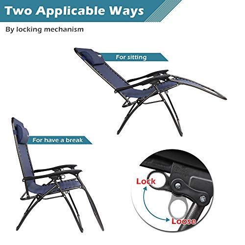VINGLI Upgraded Zero Gravity Chair Set of 2 Lounge Outdoor Chairs with Trays and Pillows, Folding Patio Recliner Chairs for Backyard Poolside Garden - color: Blue