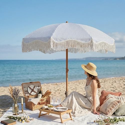 7ft Patio Umbrella with Fringe, Boho Beach Umbrellas, Outdoor Tassels Umbrellas with Push Button Tilt & Carrying Bag, 8 Windproof Fiberglass Ribs, UPF50+ - color: Blue & White Stripe