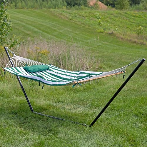 Sunnydaze Rope Hammock with Stand for Outside - Heavy Duty Freestanding Portable Outdoor Hammock Set with Quilted Pad, Pillow, and 12-Foot Steel Frame - 275 lb Capacity - Green & White Stripe - color: Green and White Stripe