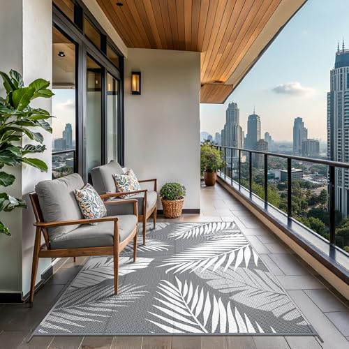 GENIMO Outdoor Rug 8' x 10' Waterproof for Patios Clearance, Reversible Plastic Straw Camping Rug Carpet, Large Area Rugs Mats for RV, Picnic, Backyard, Deck, Balcony, Porch, Beach, Grey&White - color: Grey & White | Waterproof, size: 8' x 10' (Rectangula