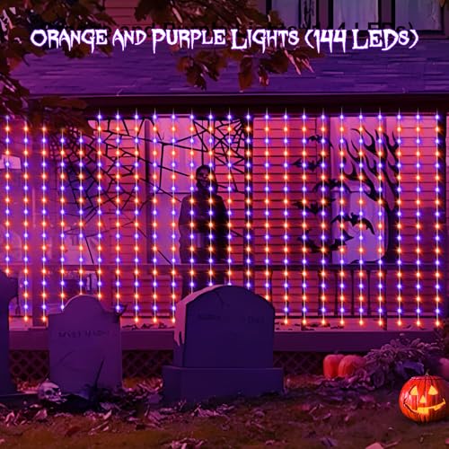 echosari Solar Halloween Curtain Lights Outdoor, 7.9ft x 6ft 144 LED Orange Purple Curtain Lights with 8 Modes Timer Waterproof for Indoor Outdoor Patio Fence Halloween Tree Party Decor - color: Orange & Purple, size: 7.9Ft x 6Ft