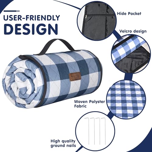 HX&OD Outdoor Picnic Blanket, Extra Large, 80''x60'' Waterproof Foldable Blankets Gingham Picnic Mat for Beach, Camping Grass Lawn Park Accessories Cute Couple Ideas Wedding (Blue, 80”x60”) - color: Blue, size: 5' x 6'8" (Square)
