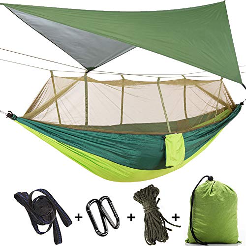 Camping Hammock with Mosquito Net & Rain Fly Tent Tarp & Tree Straps Portable Strong Nylon Hammock Parachute Tent w/Storage Bag for Camping Hiking Backyard Outdoor Backpacking Travel - color: Green+light Green
