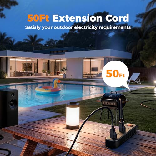 TESSAN Outdoor Power Strip Weatherproof, 50FT Extension Cord Waterproof with 4 Outlets 1 Switch (1250W), Surge Protector 1700J, Wall Mountable for Home Office and Patio Christmas Lights, Black - size: 50FT