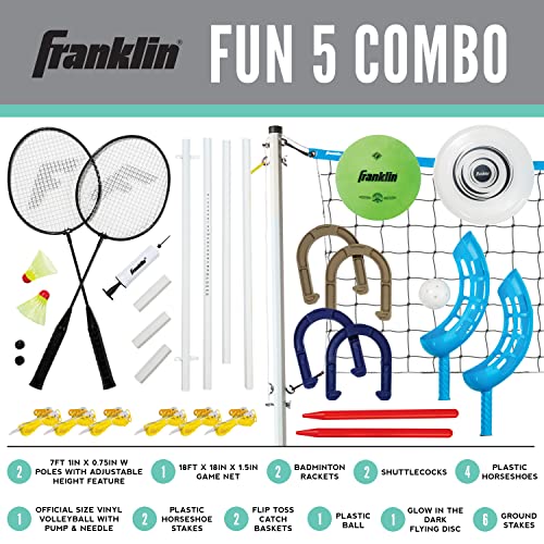 Franklin Sports Fun 5 Combo Outdoor Game Set - Backyard, Beach + Camping Games for Kids - Badminton, Volleyball, Flip Toss, Flying Disc - Horseshoes or Ring Toss - style: Blue Combo Set