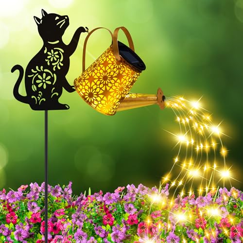 Solar Lights Outdoor Decorative, Watering Can with Cascading Lights, with Cat Silhouette Garden Stakes, Gifts for Mom Women, Waterproof Metal Garden Decor for Yard Art, Outside, Patio, Lawn Ornaments - color: Cat 1 Pack