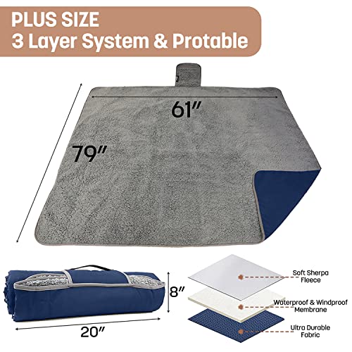 Tirrinia Waterproof Outdoor Blanket with Sherpa Lining, Windproof Triple Layers Warm Comfy Foldable for Camping Stadium, Beach, Picnic, Grass, Concerts, Car, Dog, 51''X 59'' & 59''X 80'' - color: Navy/Grey, size: 59” X 80”