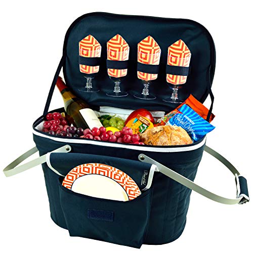 Picnic at Ascot Patented Collapsible Insulated Picnic Basket Equipped with Service For 4- Designed and Assembled in USA - color: Navy/Orange