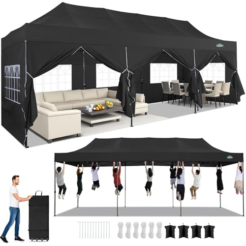COBIZI 10x30 Heavy Duty Pop Up Canopy Tent with 8 Sidewalls Thicken Frame, Commercial Easy Up Outdoor Wedding Party Tents, All Season Waterproof Windproof with Stakes Sandbags Ropes Roller Bag, Black - color: Black, size: 10x30