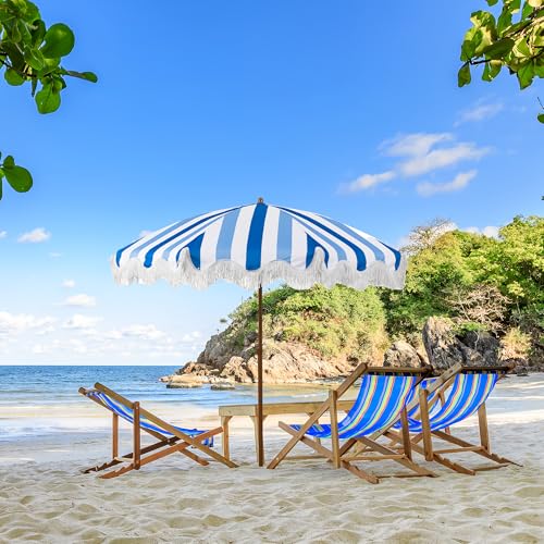Rayjee 6.5FT Patio & Beach Umbrella with Fringe, Outdoor Sun Umbrella with Tilt & Adjustable Height, Aluminum Pole Market Umbrella for Garden, Deck, Pool & Beach - color: Blue and white stripes