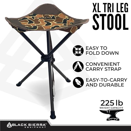 Black Sierra Folding Hunting Stool w/Shoulder Strap Supports 225 lbs, Lightweight Collapsible Tripod Seat, Foldable Steel Frame Chair Perfect for Hunting - color: Og Camo 2